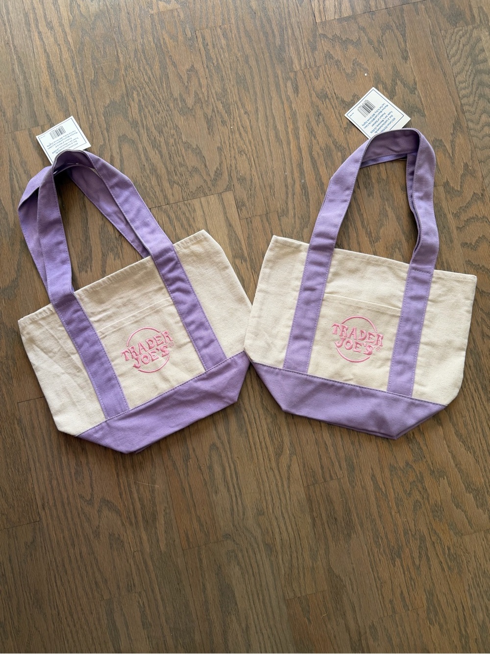 2 Trader Joe's mini SPRING Purple Pastel Canvas Tote Bags Lavender NEW